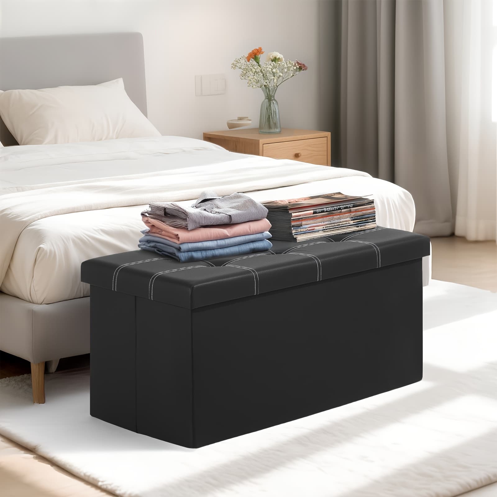 TEMU 30 Inches Storage Ottoman Bench, Folding Ottoman Stool, Ottoman With Storage, Storage Chest, End Of Bed Bench, Padded Seat, Storage Bench With Seating For Bedroom, Living Room