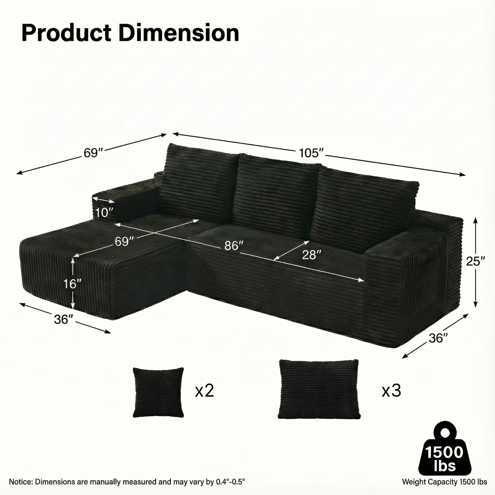 TEMU Boneless Couch For Living Room, Modular Sectional Sofa With Plush Corduroy Fabric, Minimalist Oversized L-shaped Couch With Chaise, Fluffy Pillows And Cushion, No .