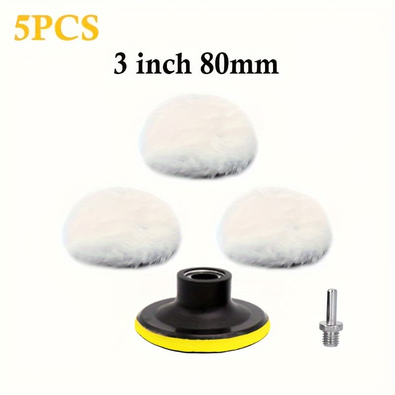 TEMU 5pcs Car Polishing Pad Set With Wool Wheel - 3 Inch Polyester Drill Discs For & Waxing For Wood, Metal, Desktop, Cabinet, Home Care, Etc.