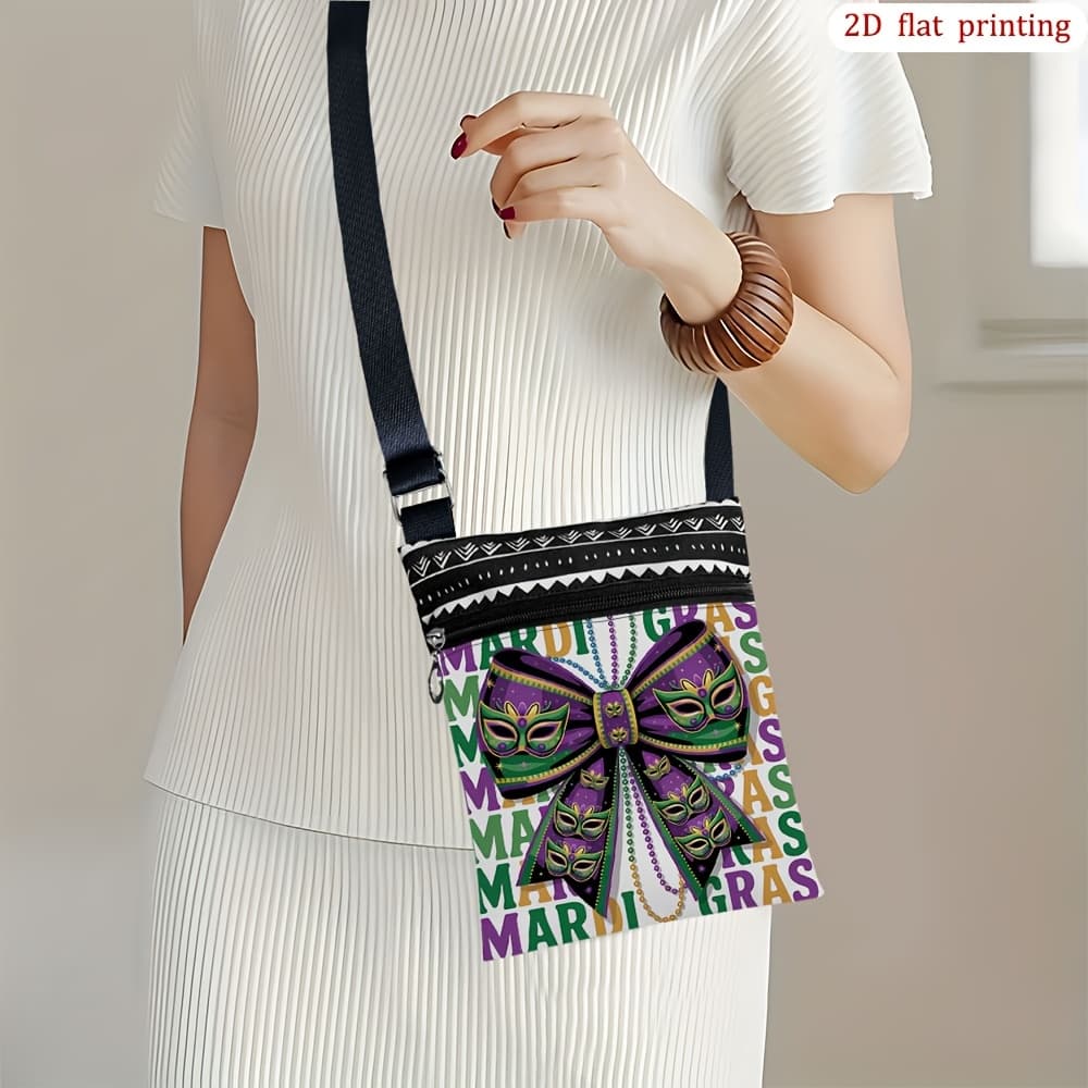 TEMU 1pc [2d Flat Printing] Mardi Gras Mask Beads Crossbody Bag For Everyday Use, , Sturdy And Portable, Ideal Small Party Gifts For Business, Perfect For Beach And Daily Tasks