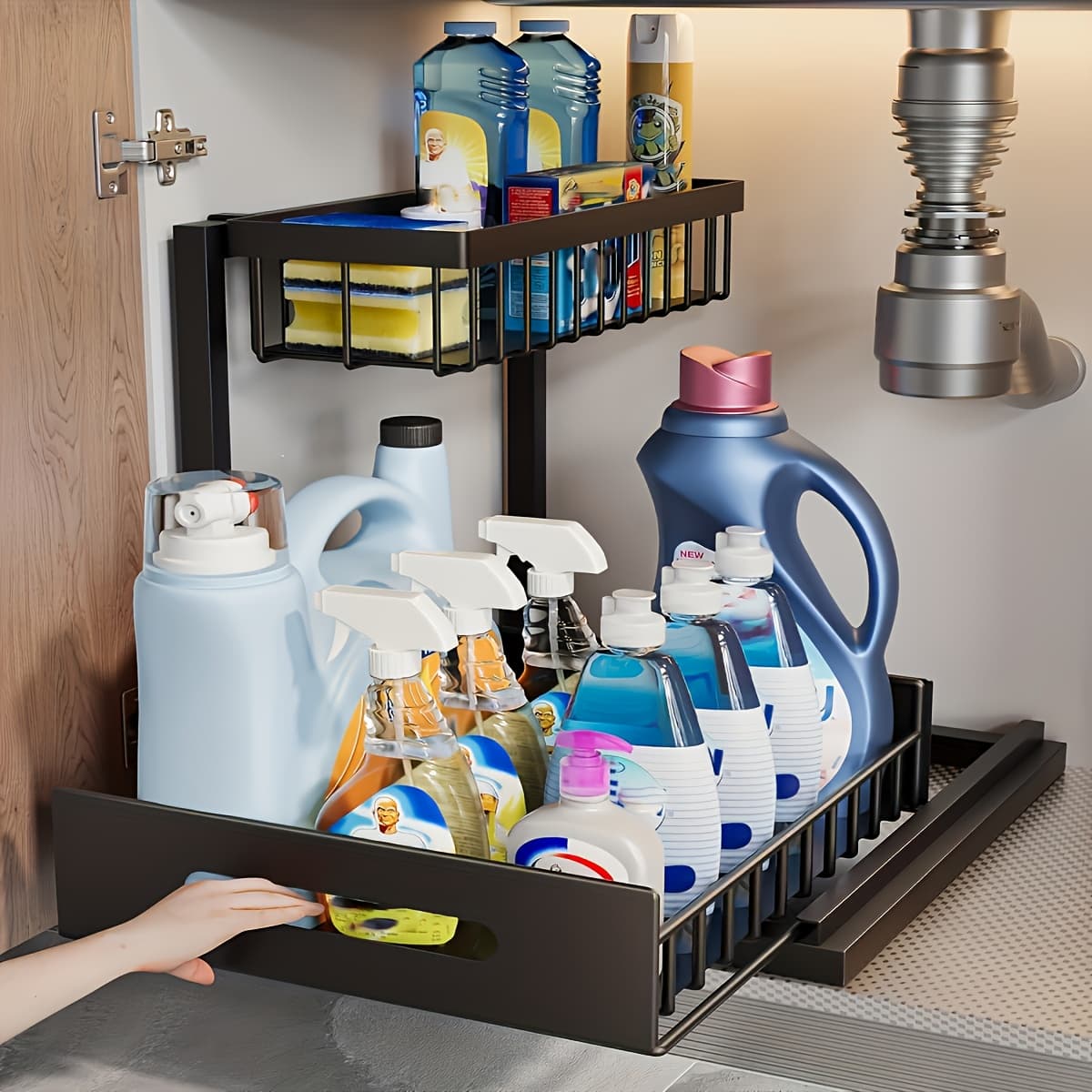 TEMU Two-tier Under-sink Organizer Featuring A Sliding Drawer, Metal Pull-out Storage Rack For Kitchen, Bathroom, Or Closet, Efficiency And