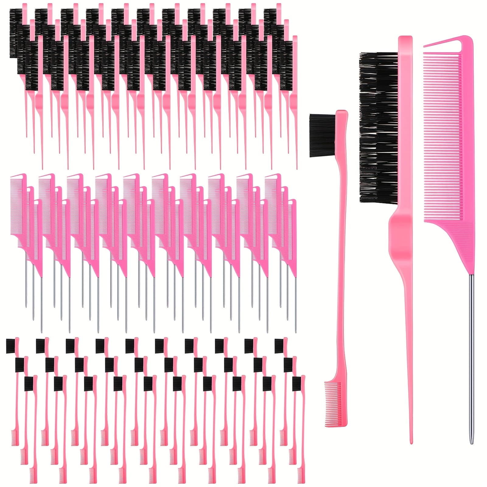 TEMU 90pcs Hair Styling Kit: 30 Teasing Brushes, 30 Rat Tail Combs, 30 Edge Brushes For Women - Pink
