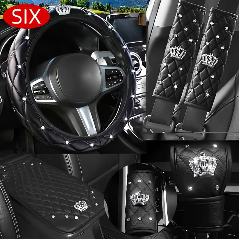 TEMU 6pcs Set Of Fashionable Crown Car Steering Wheel Covers, 15 Inches, Car Armrest Covers, Covers, Gear Shift Covers, Seat Belt Protectors, Universal Car Interior Additions For Women