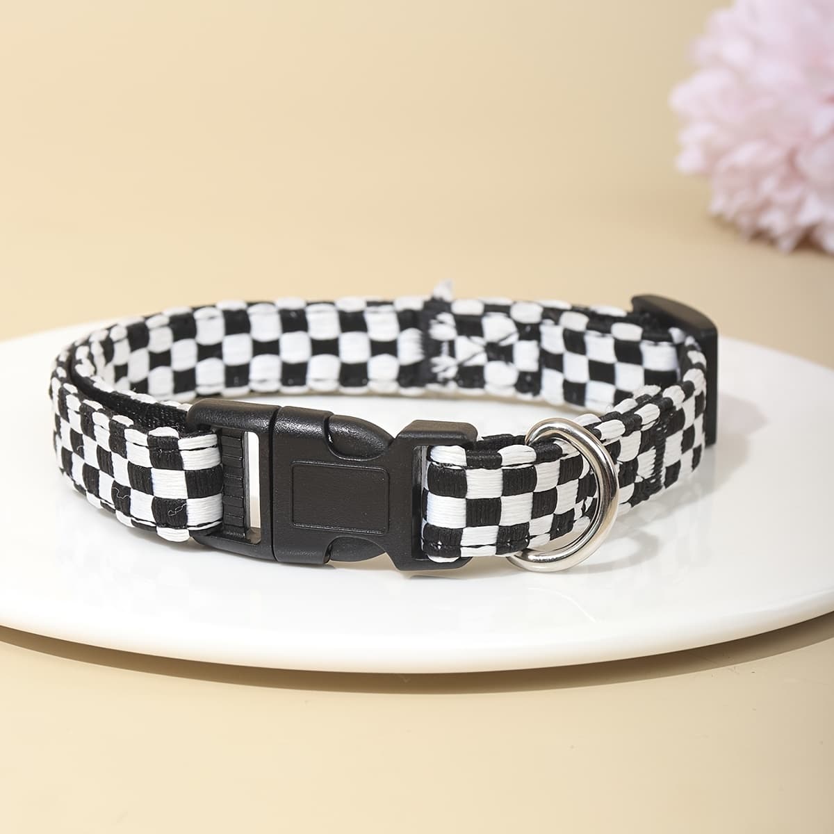 TEMU 1pc Polyester Pet Collar, Adjustable For Small To Medium Dogs And Cats, Outdoor Use, Uncharged - Black And White Checkered Design