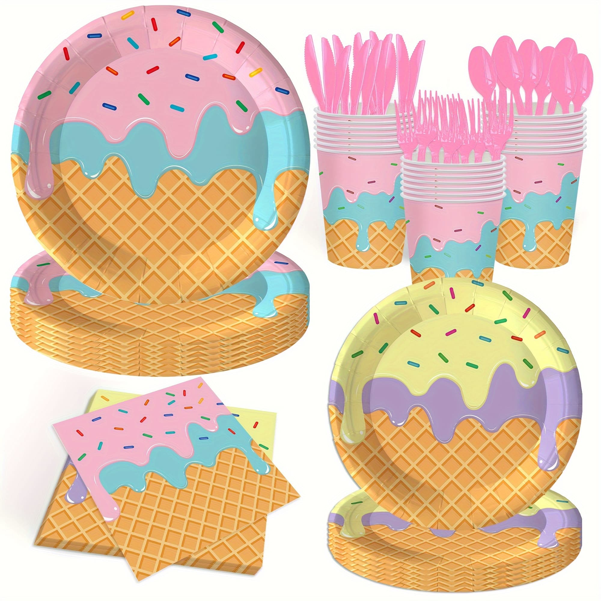 TEMU 140pcs Ice Cream Party Plates And Napkins Set Pink Cream Party Supplies Ice Cream Theme Birthday Party Decorations Summer Shower Tableware, For 20 Guest