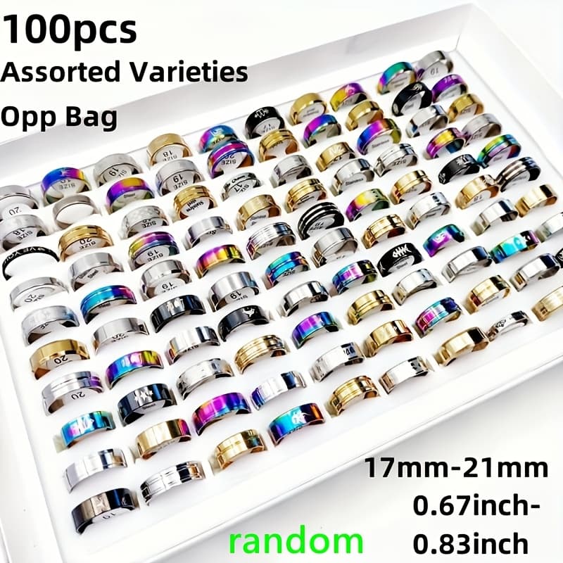 TEMU 10//50/100pcs/pack Stainless Steel Mixed Rings Men&;s And Women&;s Fashion Rings Assorted Sizes 17mm-21mm Wholesale,suitable For Men And Women Random Style