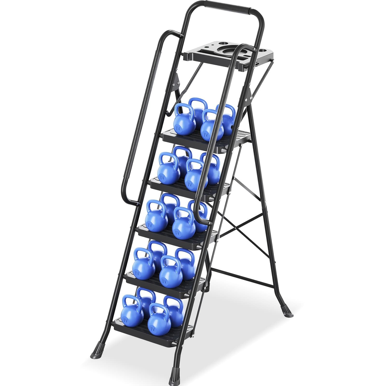 TEMU Toolf 5-step Ladder, Collapsible Step Stool Featuring A Mechanism, Durable Steel Ladder Supporting 800 Lbs, With A Tool Platform, Wide Non-slip Steps, And Handy Handrail For Home And Kitchen Use