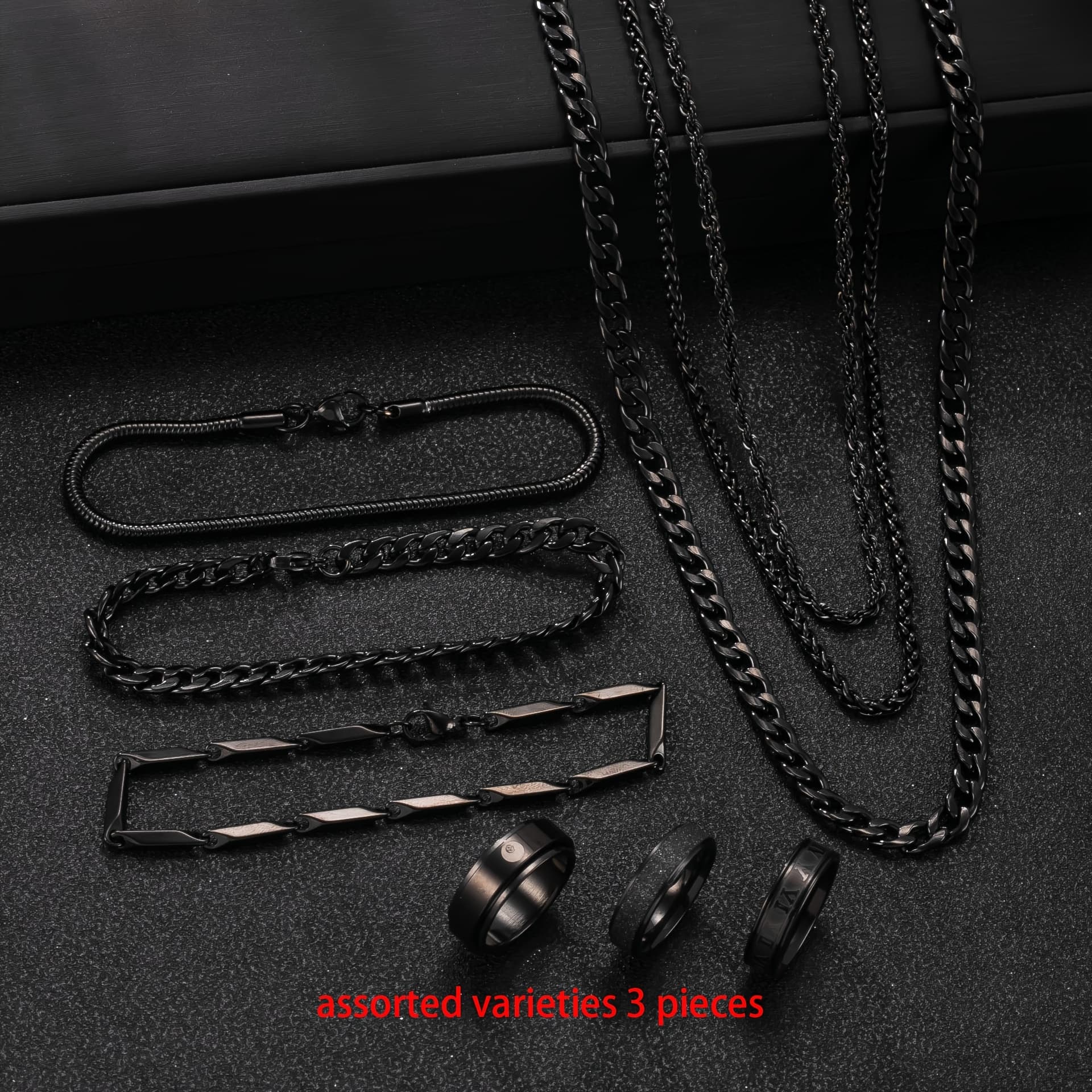 TEMU 3pcs Men's Black Jewelry Set, Including Necklace, Bracelet And Ring, Additions Random 3 Styles