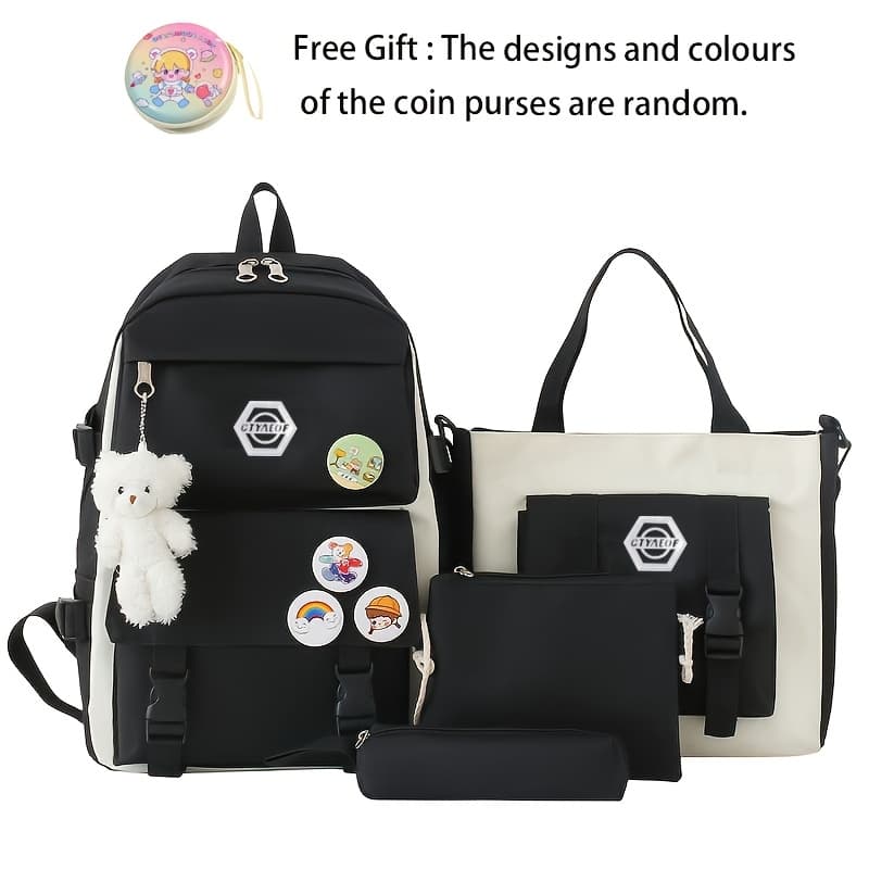 TEMU 4pcs/set Easy Leisure Backpack Large Capacity Schoolbag Travel Bag Canvas Shoulder Bag, For Teenager, For Teenager