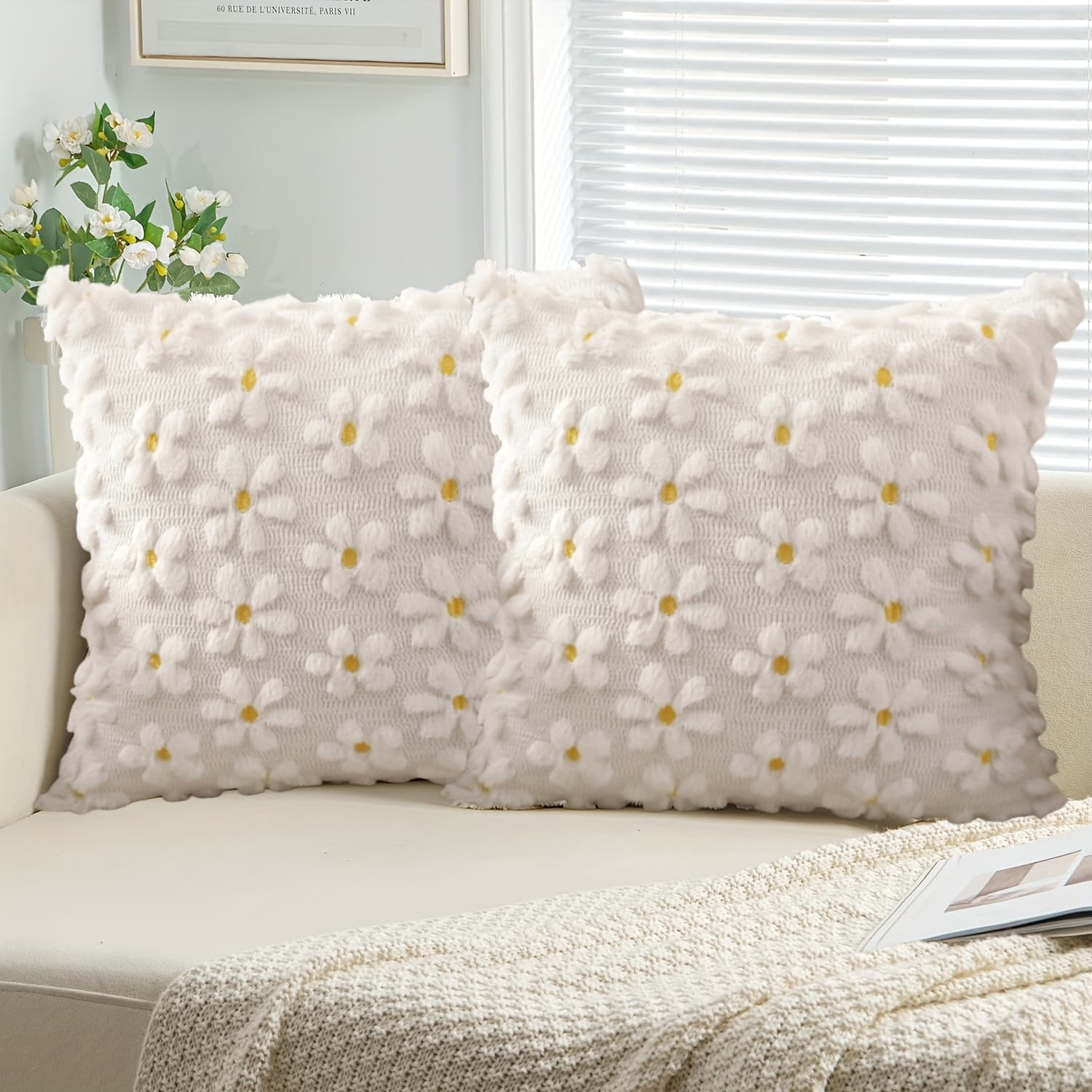 TEMU Set Of 2 Spring Summer Pillow Covers, Farmhouse Decor Yellow Plush Faux Jacquard Throw Pillow Covers For Bedroom Sofa Holiday Spring Summer Home Decor