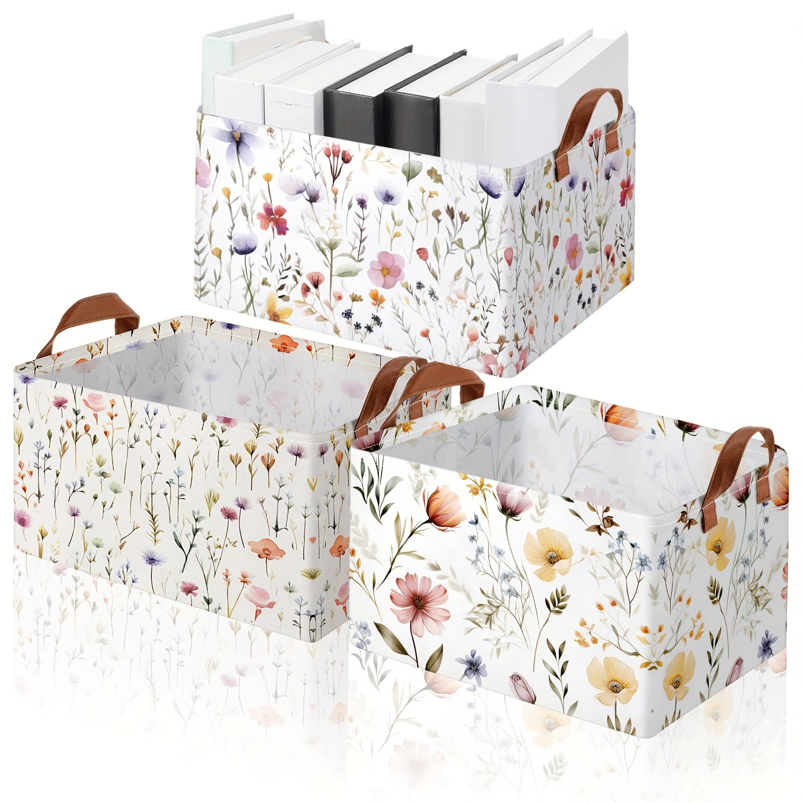 TEMU 3pcs Wildflowers Storage Bin Wildflowers Collapsible Large Storage Baskets For Gifts Canvas Laundry Basket Foldable Box With Handle For Office Home Bedroom Clothes, Shelf Baskets