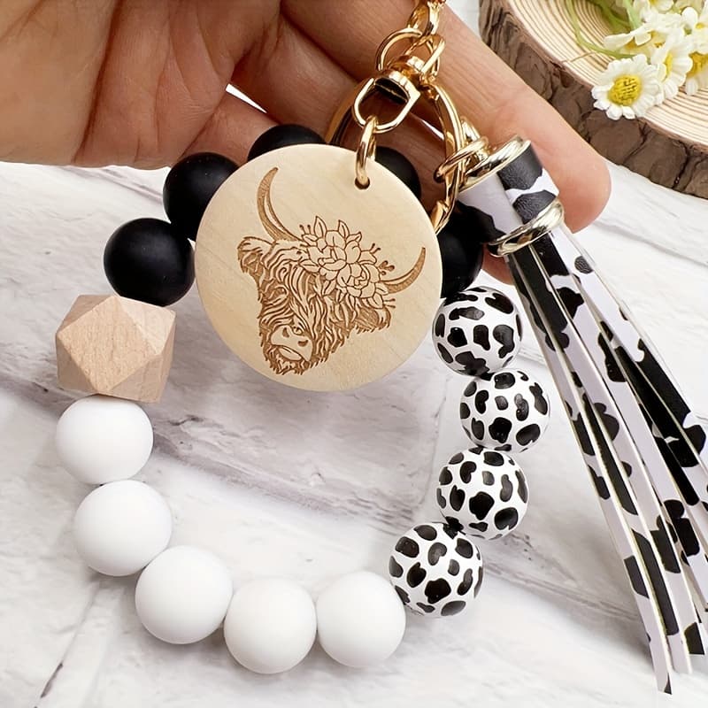 TEMU A Western-style Cowhide Patterned Beaded Keychain With Tassels, Perfect As A Bag Or Key Accessory, A Gift For , Dad, Or Mom