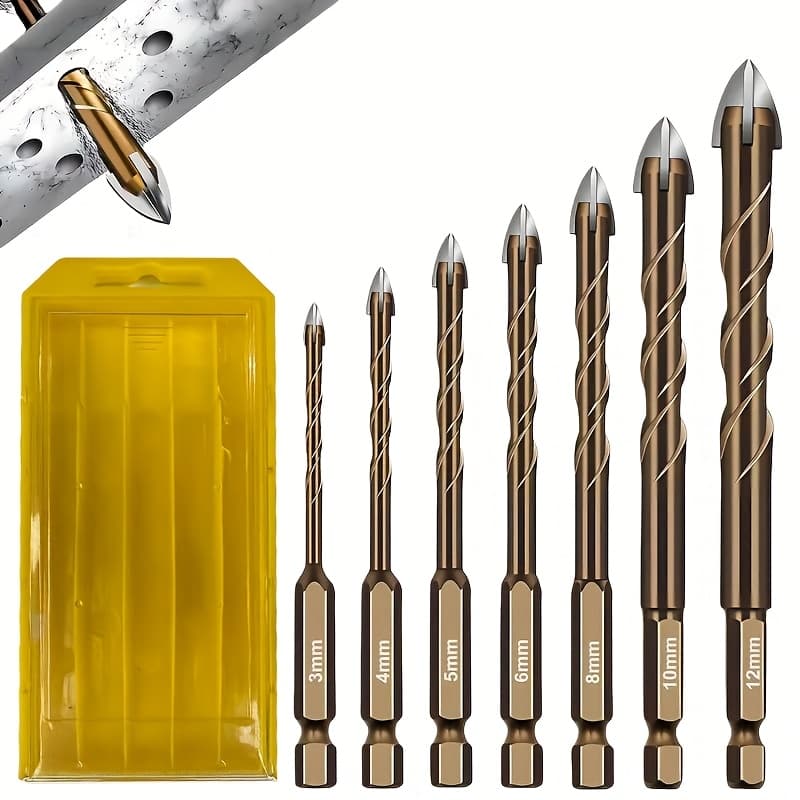 TEMU 7pcs Multi-surface Drill Bit Set With Steel Tips - High Hardness, Hex Shank For , Ideal For Glass, Concrete, Marble & Wood - 3-12mm Sizes, , Hexagonal Handle