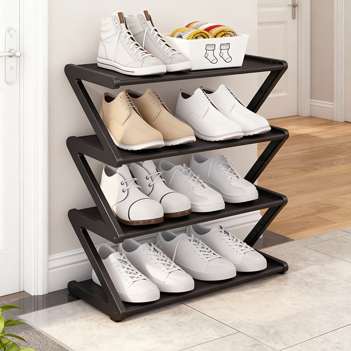 TEMU Four-layer Z-shaped Shoe Rack, Independent Storage Box, Unique Z-shaped Structure, Low-key Textured Black Fabric Decoration, Stackable Design, Suitable For Living Room, Bedroom, Entrance And