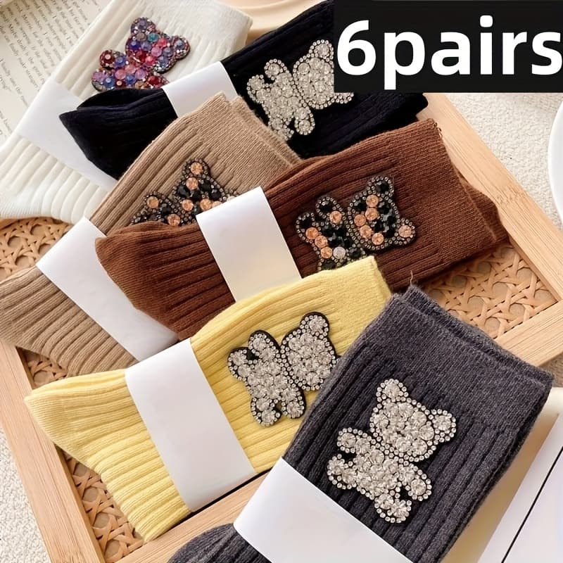 TEMU 6 Pairs Of Teddy Bear Decorative Socks With Thick Stripes, Mid Tube Socks, Colorful Diamonds, Cute Fashion Trends, Heavy , Outdoor Socks
