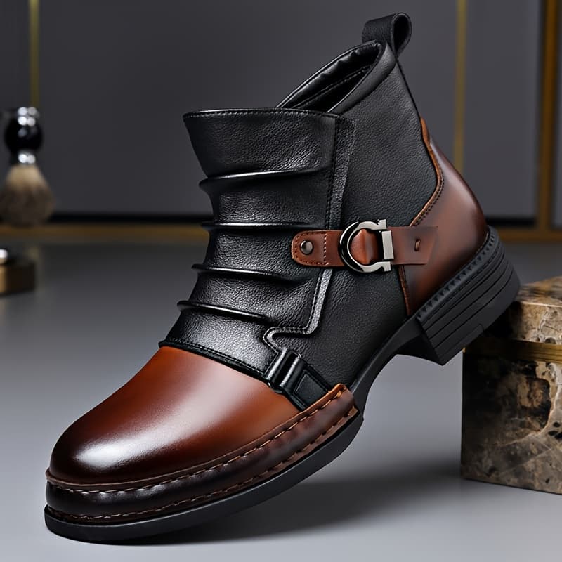 TEMU Men's High-top Ankle Boots With Pleated Details, Side Zipper, And , Perfect For Casual Streetwear