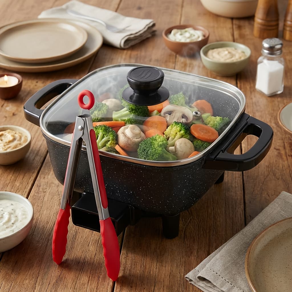 TEMU 8-inch Electric Mini Square Pot With Coating, Transparent Glass Lid & Handle- Multi-speed , For Cooking, Boiling, -great For Christmas, New Year, Small Kitchens & Apartments With Tong