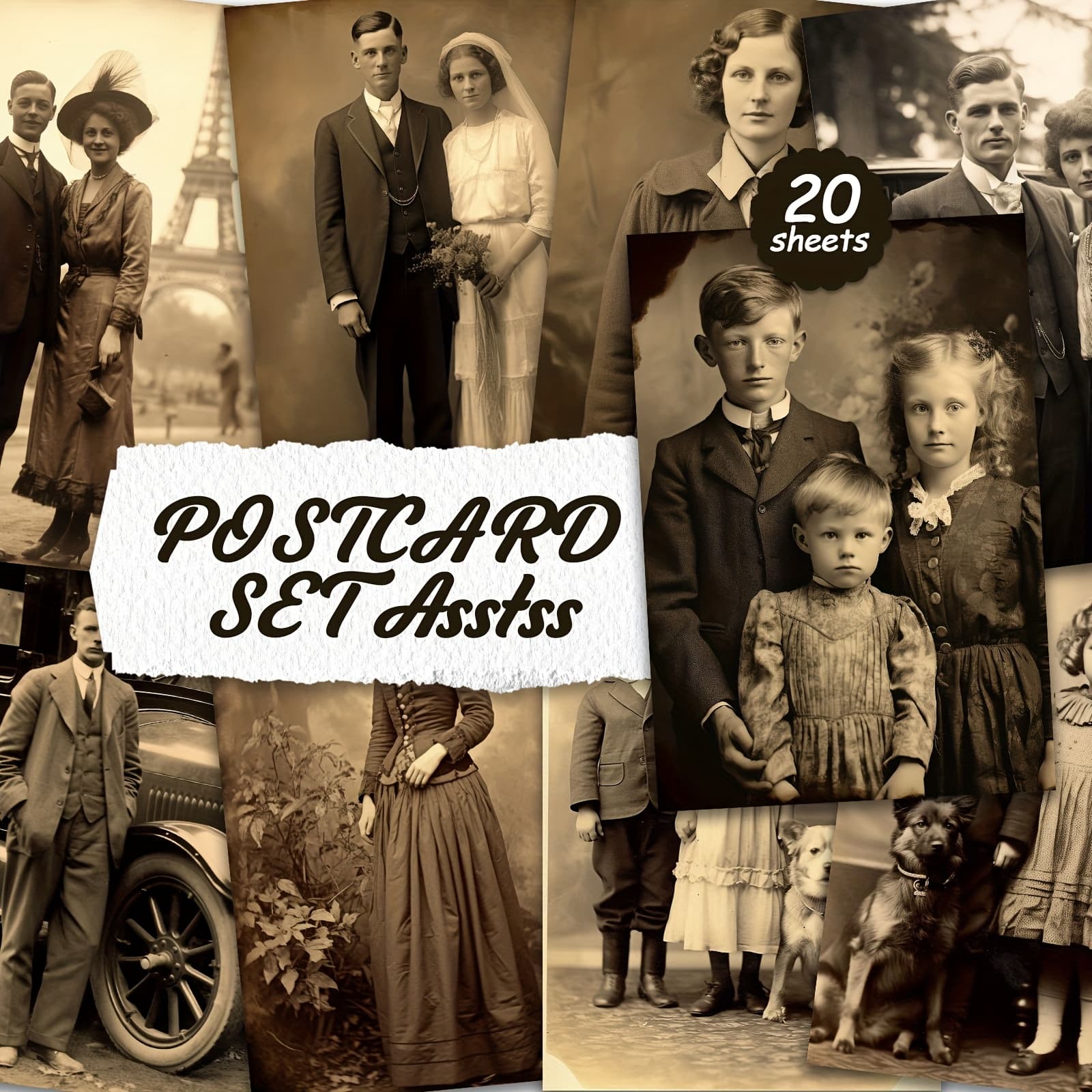TEMU 20pcs Vintage Old Photo Style Postcard Set For Cardboard Writing, , English , Trash Diary, Crafts, Greeting Cards