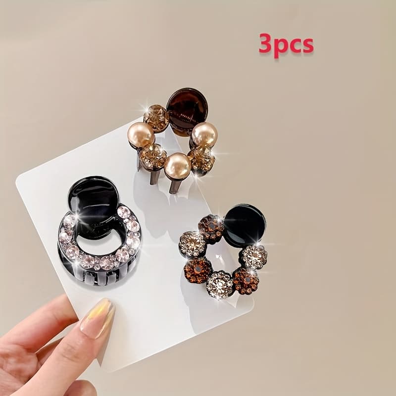 TEMU 3pcs New Luxury Shiny Rhinestone Round Acrylic Small Hair Claw Clip Set For Women, Elegant Round Bead Small Hair Claw, Shark Clip Suitable For Daily And Holiday Wear
