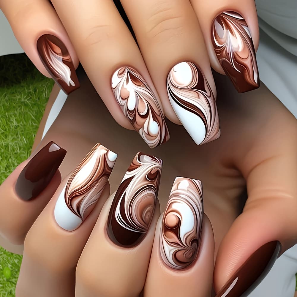 TEMU This Set Includes 24 Artificial Nails In A With A Brown Marble Design. Are Sweet And Stylish Full-cover Press-on Nails, Perfect For Women And. Easy-to- Fake Nails Won't Damage Your Natural Nails