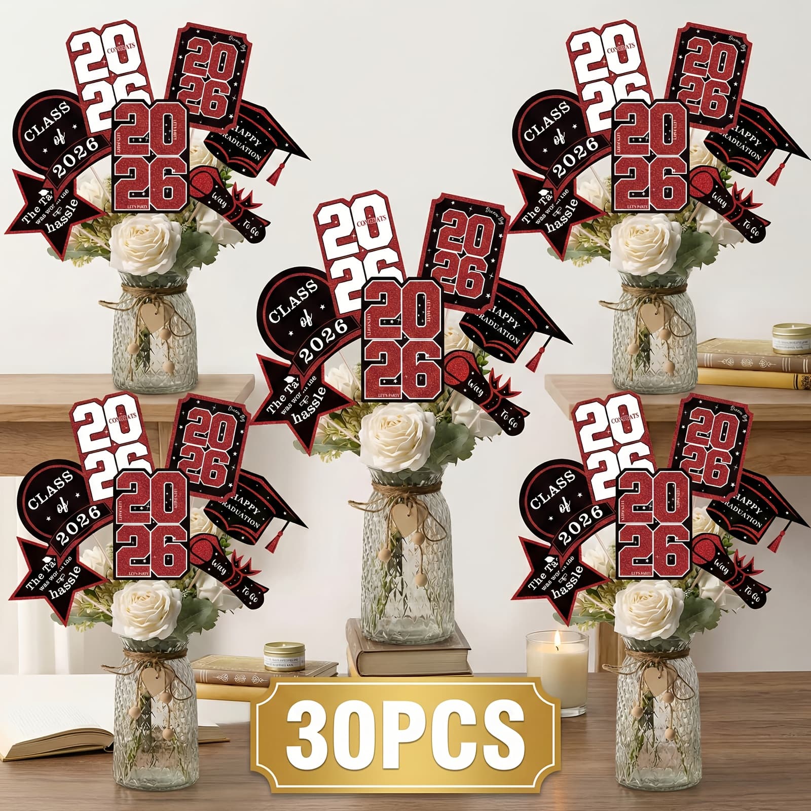 TEMU 2026 Graduation Decorations - 30pcs Grad Centerpiece Sticks - Class Of 2026 Party Supplies For Table Topper Decor For Kindergarten Preschool High School College Ornament
