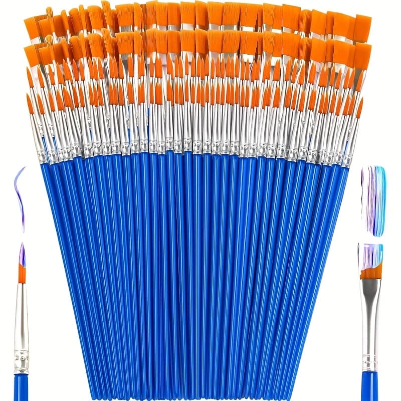 TEMU Small Paintbrush Set, 100pcs Flat Round Acrylic Brush For Student Classroom Acrylic Watercolor Canvas Face Painting Decoration, Flat Paint Brushes Suitable For Wide And Fine Line Application