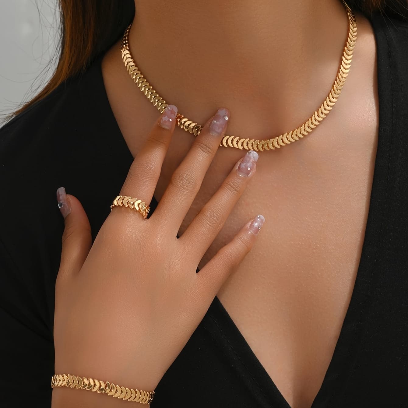 TEMU 3pcs Set: 1 Ring, 1 Bracelet, And 1 Necklace - Iron Chain Fish Scale Jewelry Combo, Minimalist Casual Versatile Gift Set