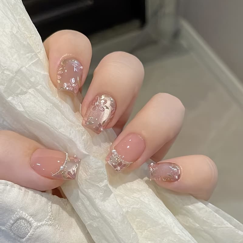 TEMU 24pcs Flower Cat-eye Pearl French Fashion Gentle White Detachable Wear Nail Diamond