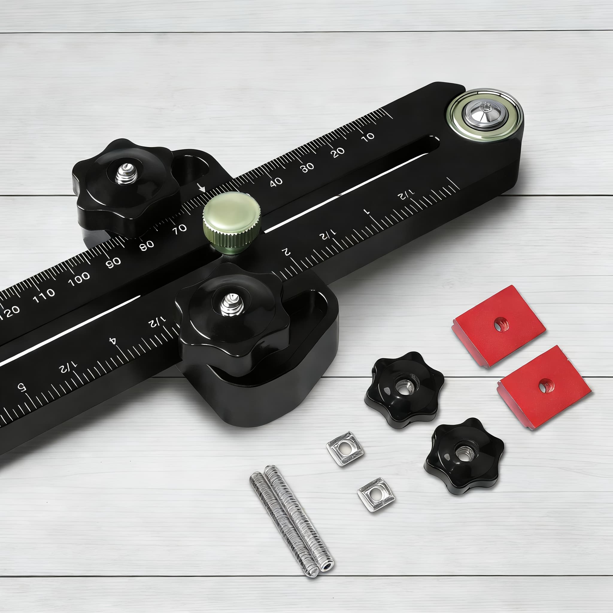TEMU A Single Manual Aluminum Thin-rip Jig, Designed For Table Saws, Secured To A 3/8" X 3/4" Using An Adjustable Knob. It Enables Quick, Precise, And Cutting Of Uniform Narrow Wood Strips.