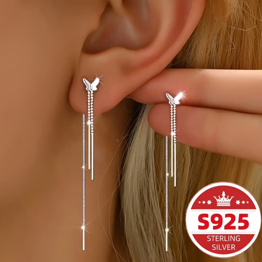 TEMU 1 Pair Of S925 Sterling Silvery Tassel Earrings, Elegant And , Perfect Gift For Women's Jewelry, Suitable For Daily Wear And Vacation, For Christmas, All Season Accessories