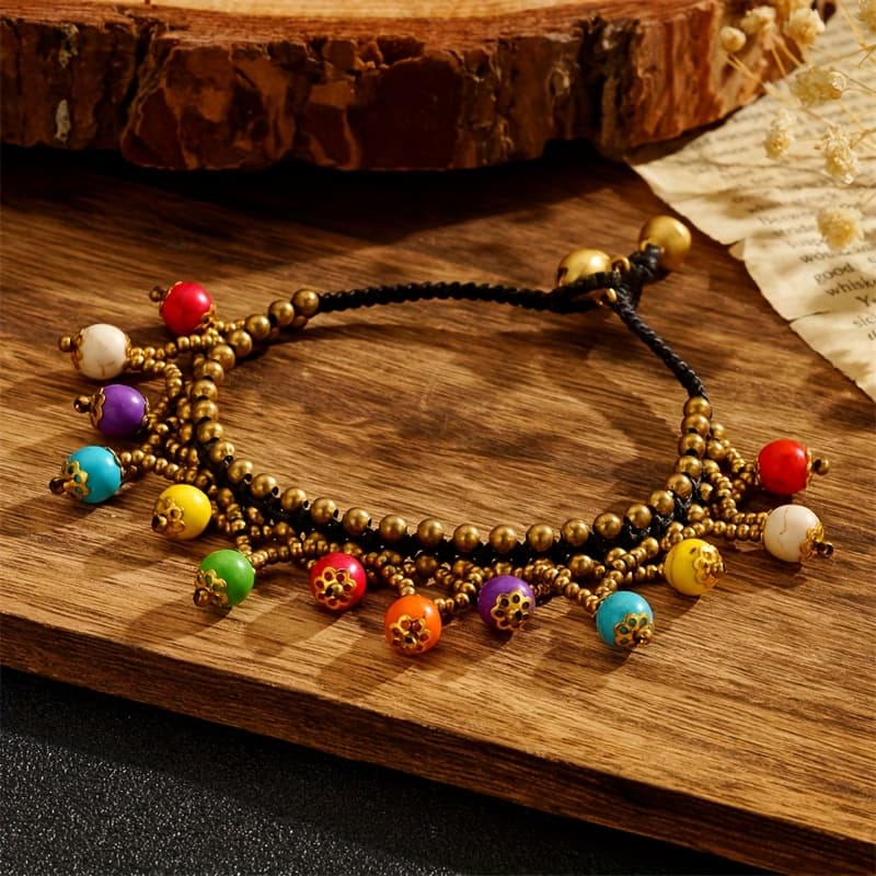 TEMU Bohemian Turquoise Anklet, Fashion Women's Ankle Bracelet With Colorful Natural Turquoise Bead Pendant, Double-layer Woven Beach Anklet, Perfect For Daily Wear, Parties, And Vacations, Ideal Gift
