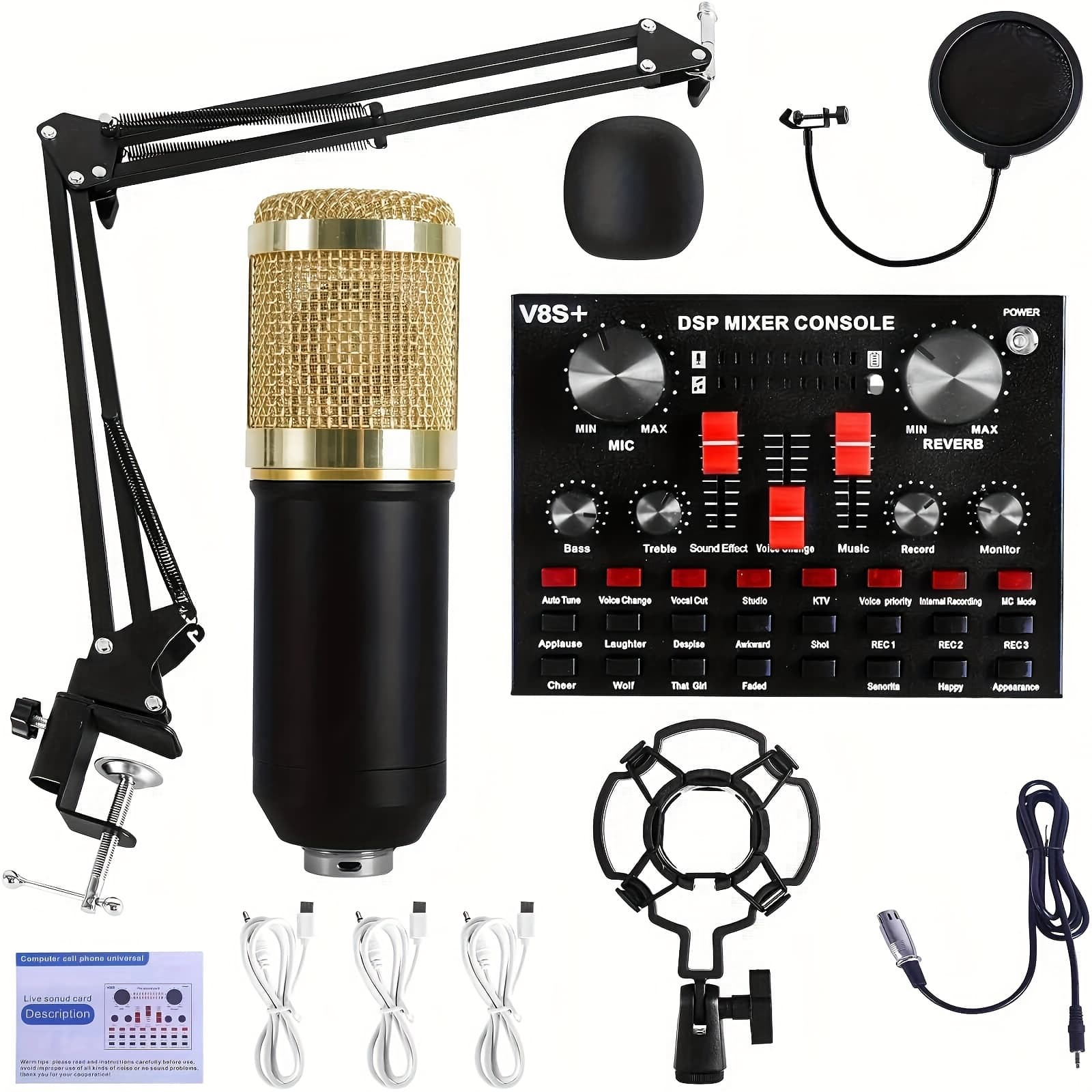 TEMU Podcast Microphone Bundle, Bm-800condenser Mic With Live Sound Card Kitpodcast Equipment Bundle With Voice Changerand Mixer Functions For Pc Smartphone Studiorecording & Broadcasting