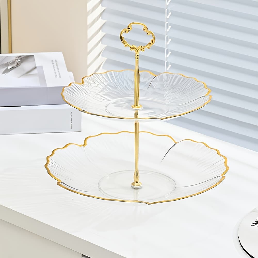 TEMU Multi-tier Decorative Fruit & Dessert Stand, Golden Handle Lace Serving Tray, Display Plate For Wedding Tea Party Christmas Thanksgiving Home Ornament
