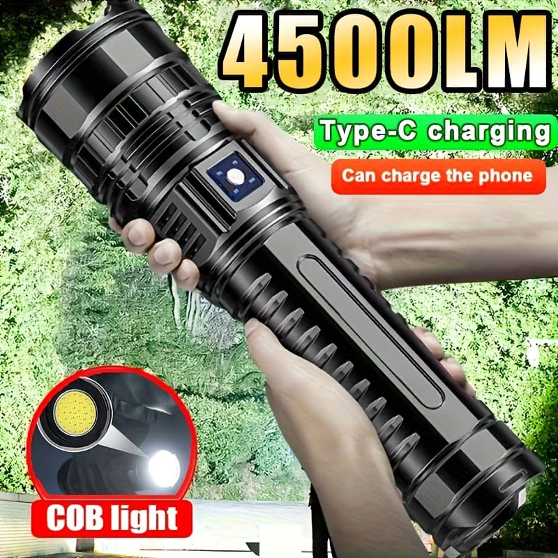 TEMU 1pc Of Outdoor Led Flashlight, Rechargeable Household Handheld Flashlight, With A Cob Tail Light, Featuring Multiple Lighting , Suitable For Camping, Repairs, Fishing, Emergencies
