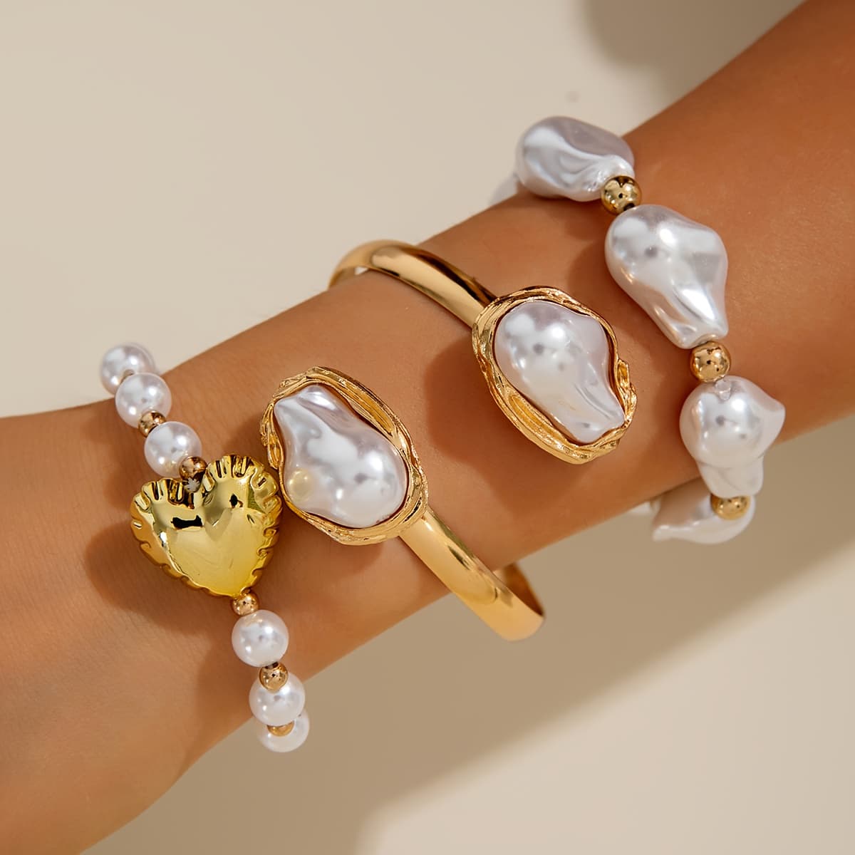 TEMU 3pcs Vintage Baroque Irregular-shaped Heart Resin Bracelet Set, Suitable For Women To Attend Saudi National Day Fashion Parties, Gift Jewelry Set