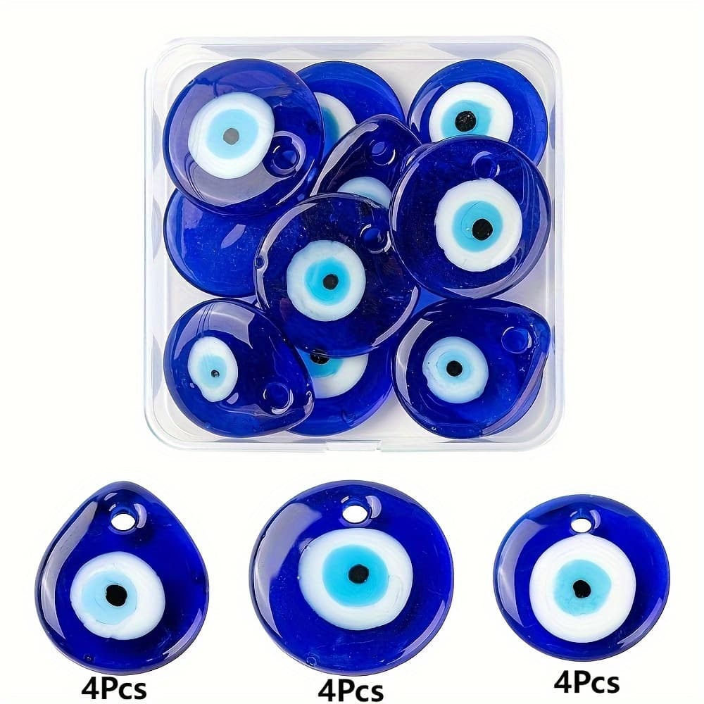 TEMU 12pcs Evil Eye Glass Pendants With Box - 3 Styles Flat Teardrop Round Blue Handmade Lampwork Dangle Charms For Jewelry Making, Diy Decor, Necklace, Bracelet, Earring