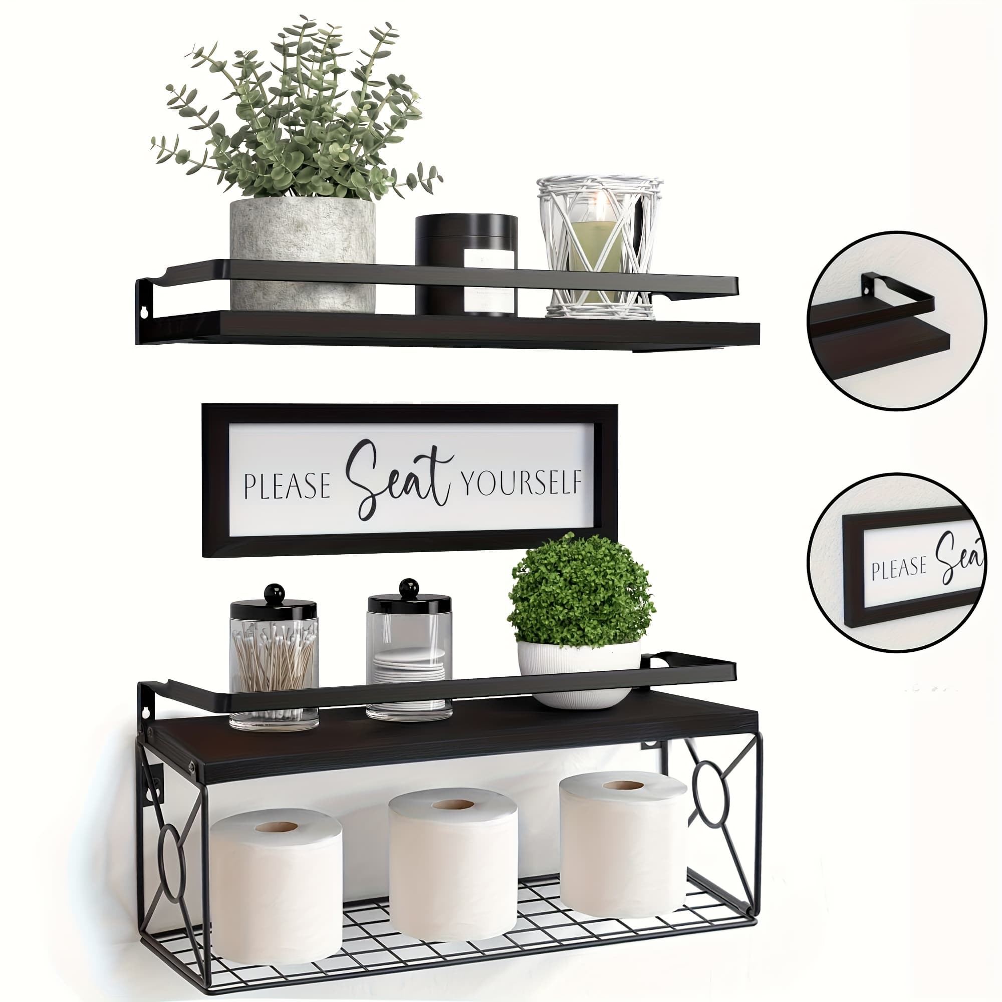 TEMU 3-tier Floating Shelves For Wall Decor | Black Metal , Over Toilet With Storage Basket, Suitable For Bedroom, Living Room, Kitchen And Bathroom