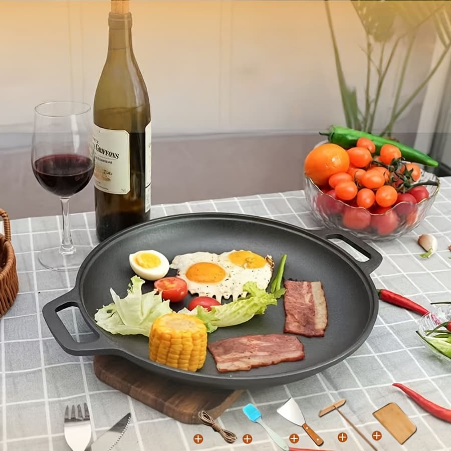 TEMU 1 Set Of Multifunctional Cast Iron Frying Pans, Suitable For All Stoves, Suitable For Grilling, Pizza, Pancakes, Steak, Etc. An For Home Kitchens, Outdoor Cooking, And Bonfires