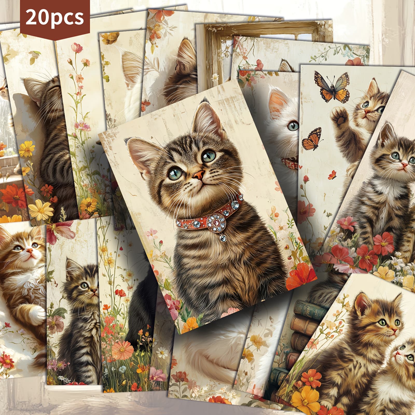 TEMU 20 Packs Vintage Cute Cat Paper Postcards 4x6 Inches Vintage Junk Journal Paper Classic Pinup Illustrations Collectible Decorative Painting Cards For Scrapbooking Crafting