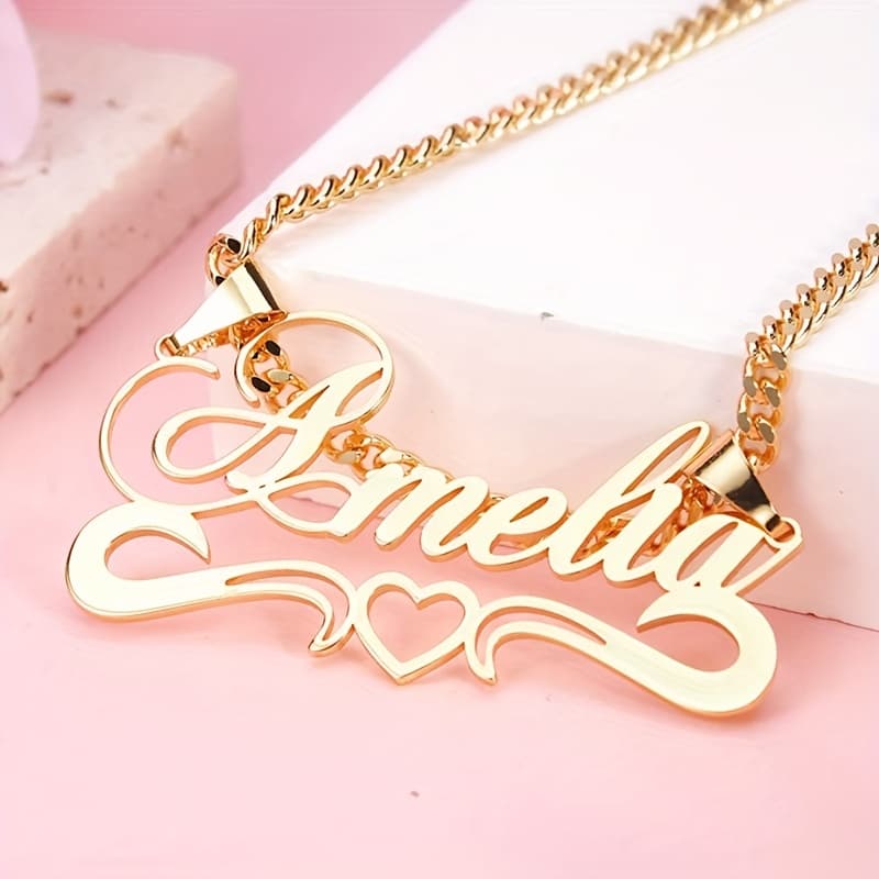 TEMU Name/initials Couple Necklace - Cuban Chain & Heart Pendant, Jewelry For Women &, Wedding Anniversary Valentine's Gift, With Names Or Initials ( Wear)