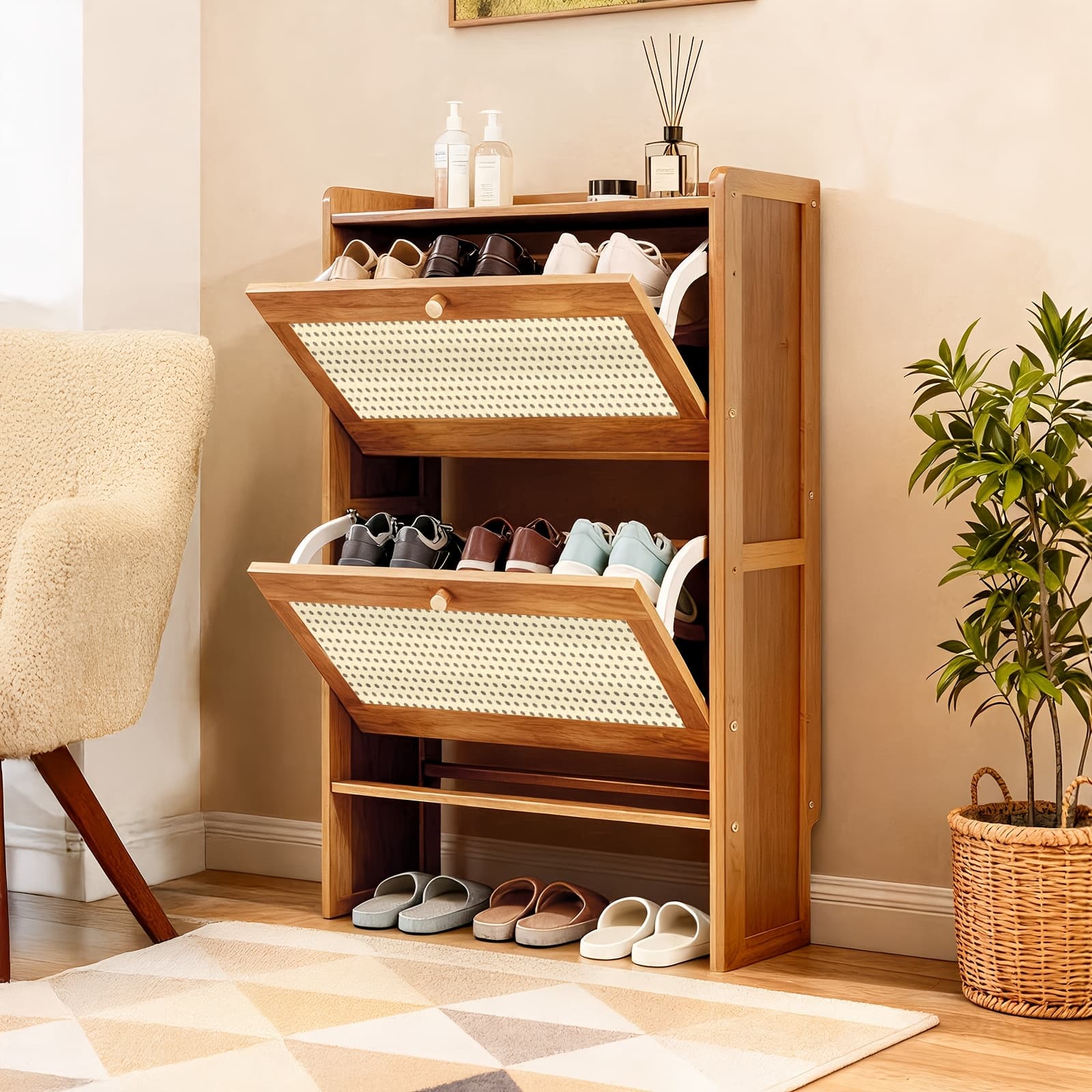 TEMU Shoe Cabinet With Slim Flip Down Storage, Bamboo Shoe Rack With Elevated Base For Daily Shoes, Modern 2-tier Shoe Storage Organizer For Mudroom And Front Door