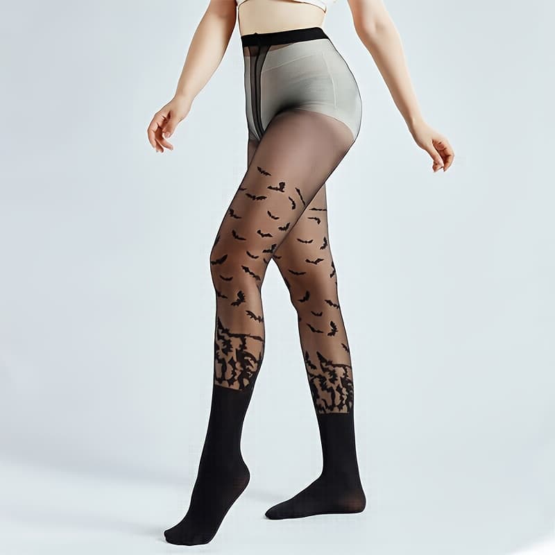 TEMU Halloween Bat Tights - Gothic Jacquard Pantyhose