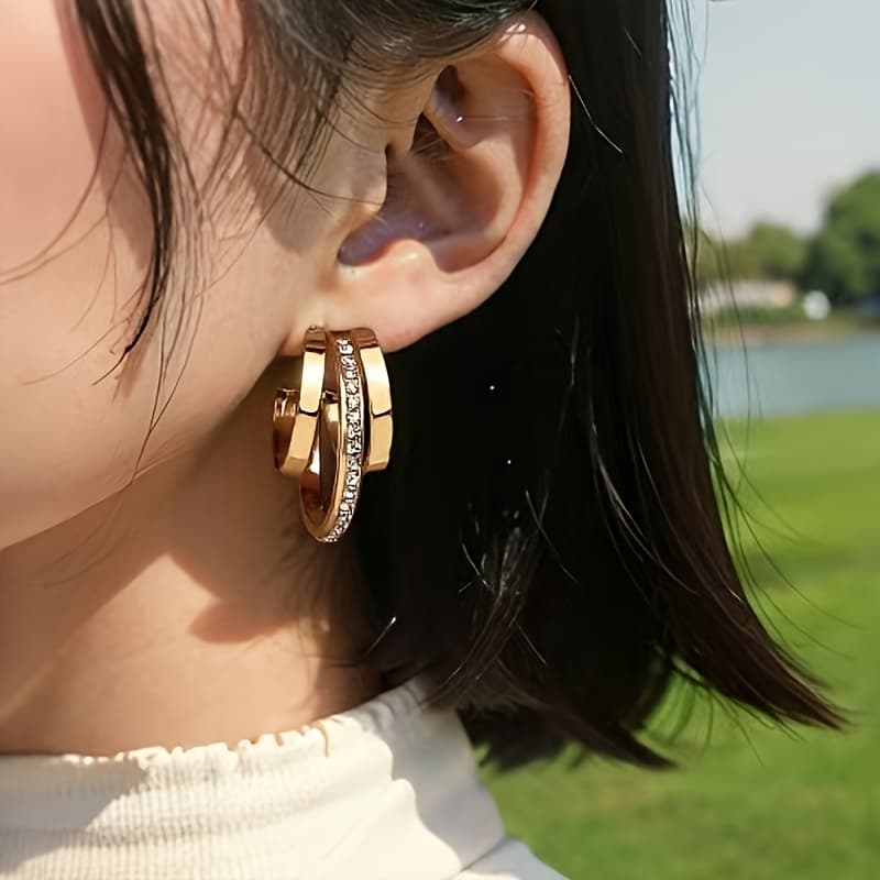 TEMU A Metal Minimalist Style Large Hoop Earring Inlaid Earring Retro French Temperament Stud Earrings Suitable For Daily Wear