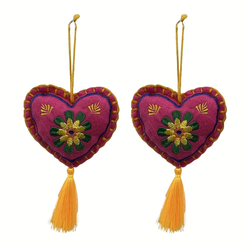 TEMU 2pcs Vintage Heart-shaped Felt Hanging Ornaments With Tassels - Colorful , Car & Home Decor, Ideal Gift, No Electricity Needed, Car Decorations