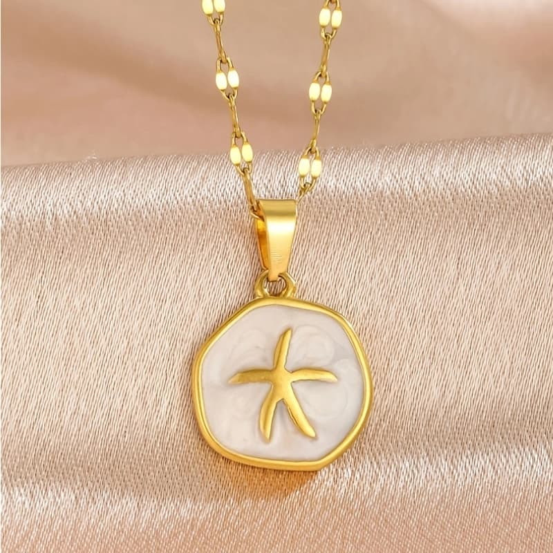 TEMU 1pc Stainless Steel Summer Disc Starfish Drip Oil Pendant Necklace Fashionable And Versatile Women's Necklace
