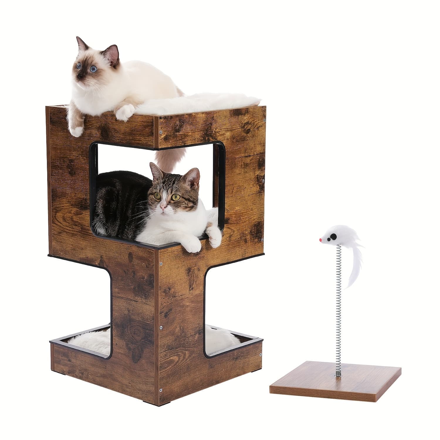 TEMU Small Tree For Indoor Cats, 23.6" Wood Cat Furniture, Cat Tower With Free Cat Toy, Scratching Pad And Removable Soft Mats For Kitten, , Brown