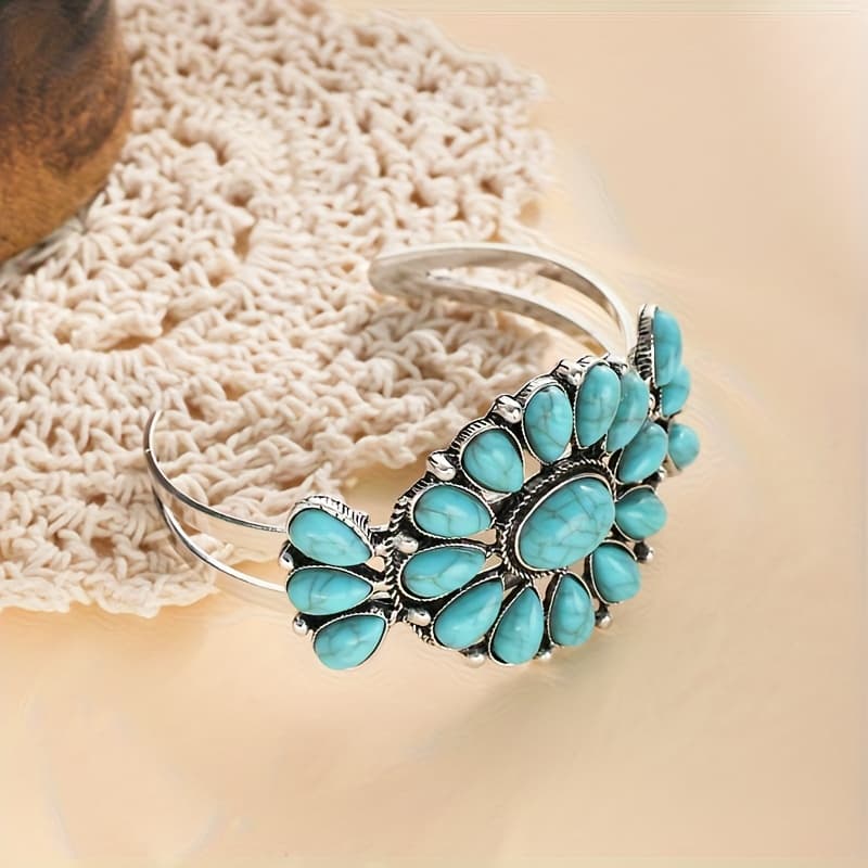 TEMU 1pc Bohemian Vintage Ethnic Style Synthetic Turquoise Floral Bangle Women's [turquoise Texture Random]
