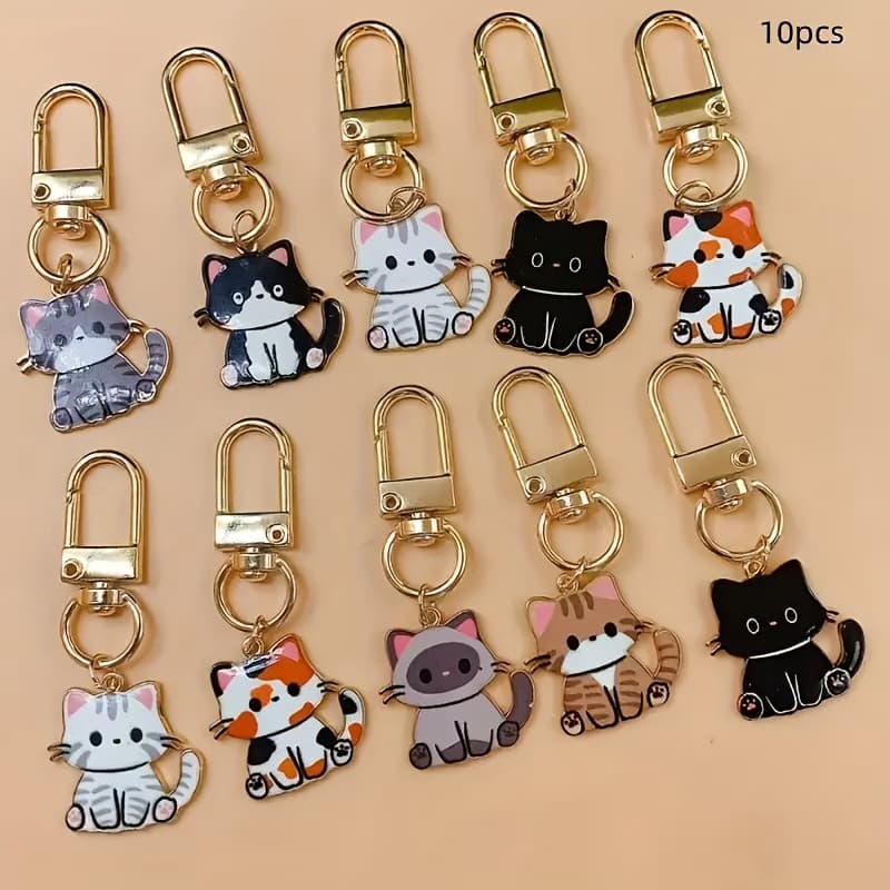 TEMU 10pcs Cute Cartoon Cat Pendant, Pet Keychain, Clothing Backpack, Car Key Pendant, Metal Key Chain, Phone Charm, New Year Gift