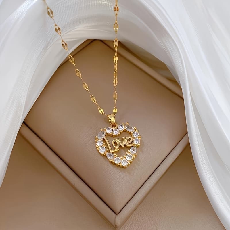 TEMU Fashionable, Exquisite, Romantic And Shiny Zirconia Decorated Letter "love" Heart-shaped Pendant Necklace, A Perfect Gift For Girls And Women