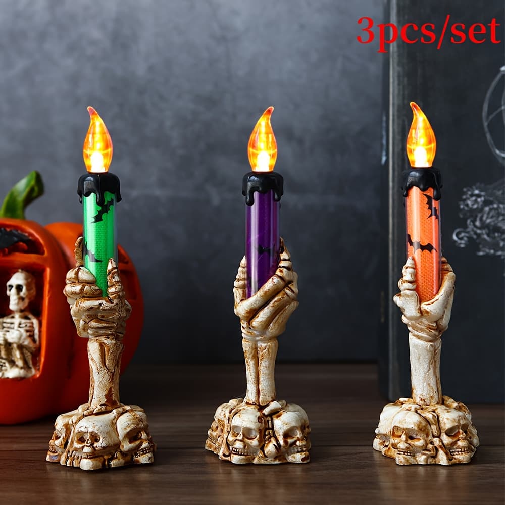 TEMU 3pcs Halloween Led Candle Holders - Flameless Skeleton Hand Lights With Button , Perfect For Party & Bar Decor